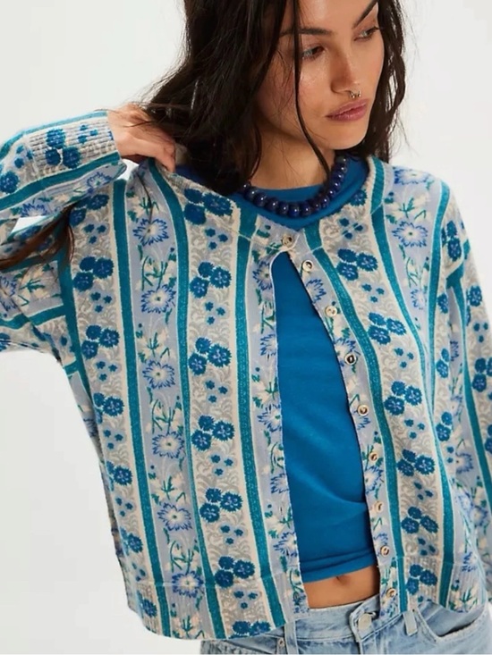 Free People Sweaters - Free People Nocturnal Cashmere Cardi Cardigan Sweater Cottage Blue Floral XL